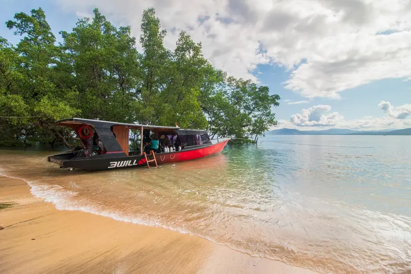 Un bateau de plongée échoué sur une plage de sable fin bordée de végétation.
