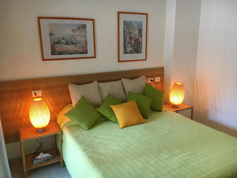 Une chambre lumineuse avec un grand lit décoré de coussins verts et jaunes.