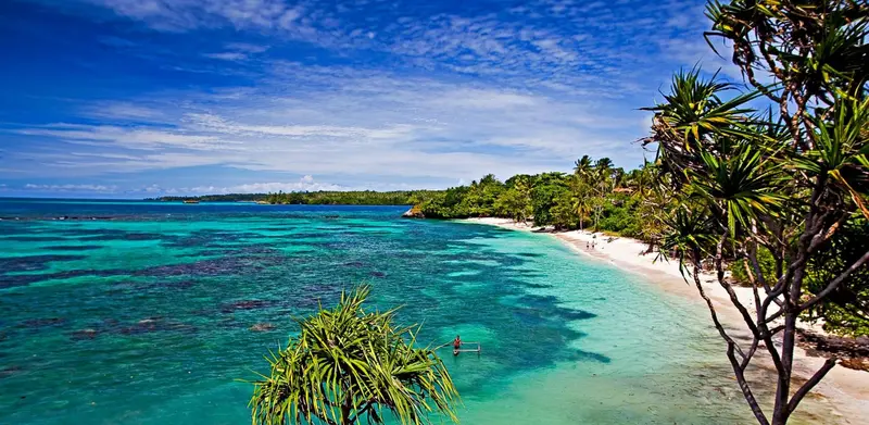 Vue aérienne d'une plage de sable blanc bordée d'une eau turquoise et d'une végétation luxuriante.