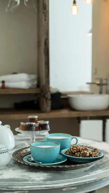 Une table ronde présente une sélection de pâtisseries et de boissons.