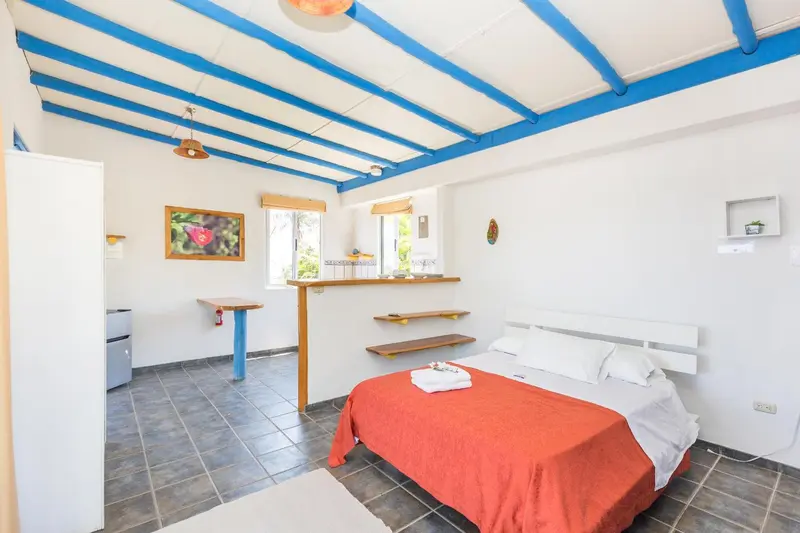 Une chambre lumineuse avec un lit et un coin repas.