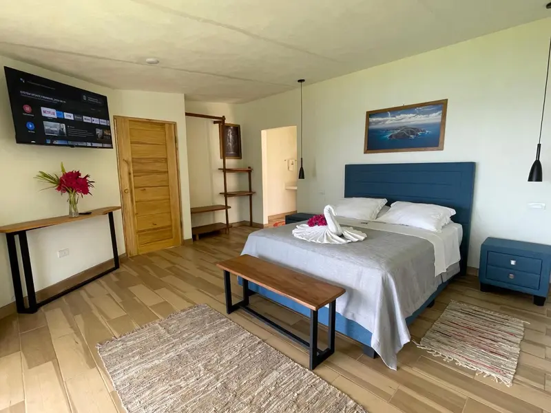 Une chambre lumineuse avec un grand lit et une décoration sobre.