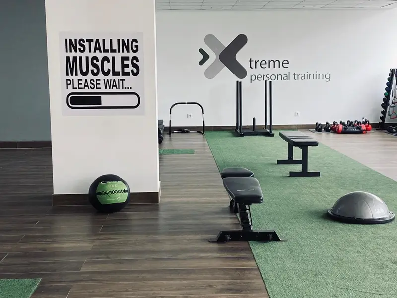 Une salle de sport avec un tapis vert et des équipements d'entraînement.