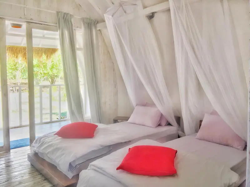 Une chambre lumineuse avec deux lits simples et moustiquaires.