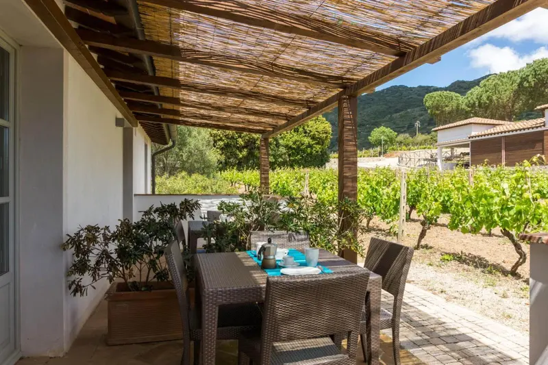 Une table à manger est mise en scène sur une terrasse ombragée.