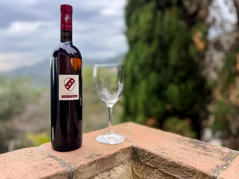Une bouteille de vin rouge et un verre sont posés sur un muret en pierre.