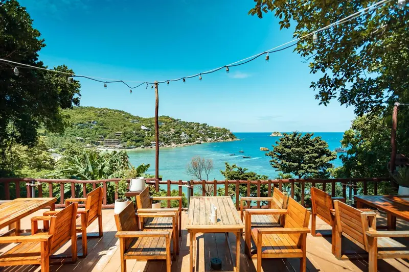 Terrasse en bois avec tables et chaises offrant une vue sur la mer et la végétation.