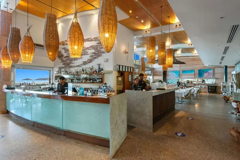 Un bar avec comptoir incurvé et tabourets, dans une salle lumineuse décorée de luminaires suspendus.