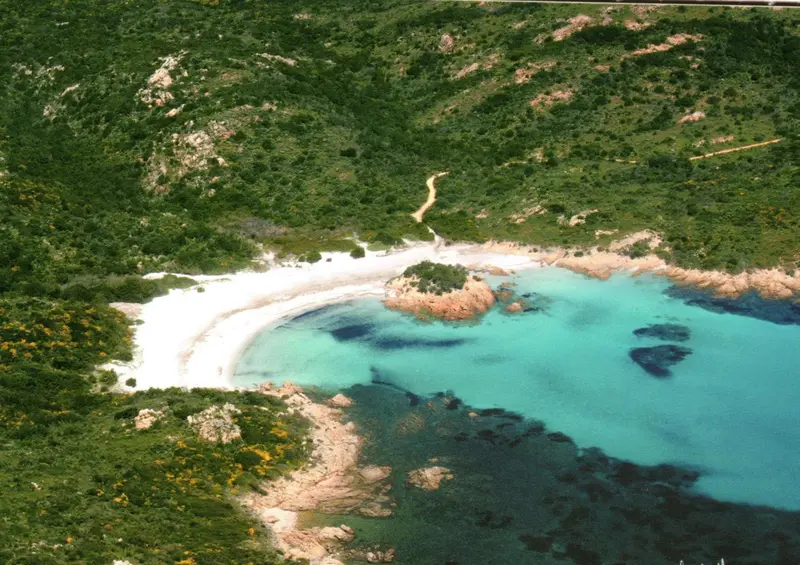 Vue aérienne d'une crique isolée avec une plage de sable blanc et des eaux turquoise.