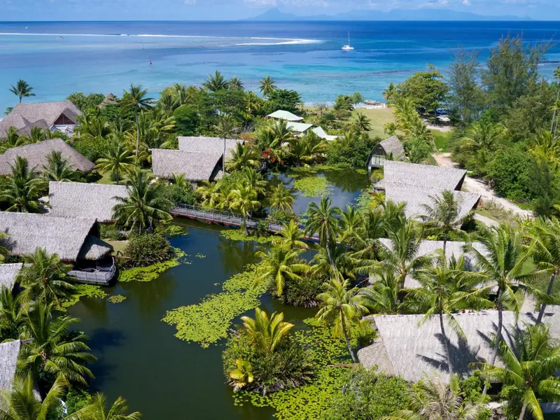 Vue aérienne sur des bungalows au toit de chaume entourés de végétation luxuriante et bordant une lagune turquoise.