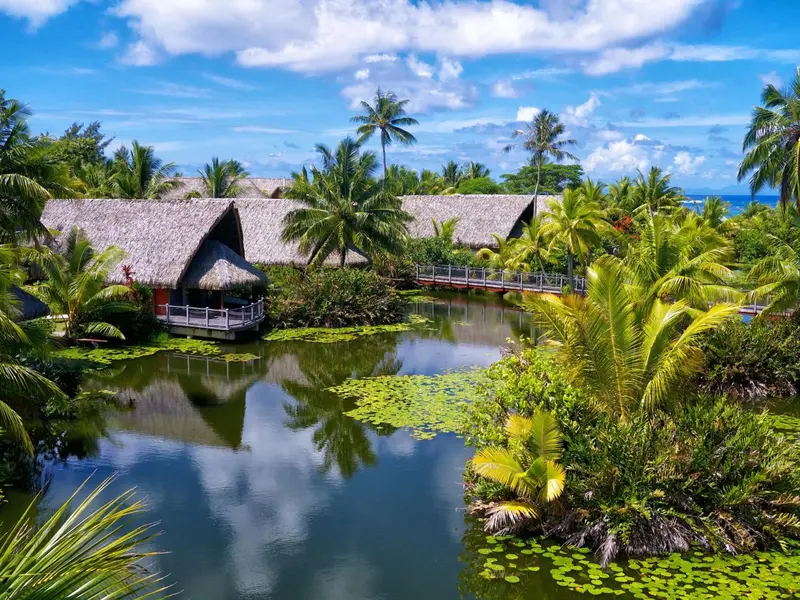 Des bungalows sur pilotis bordent un lagon tropical verdoyant.