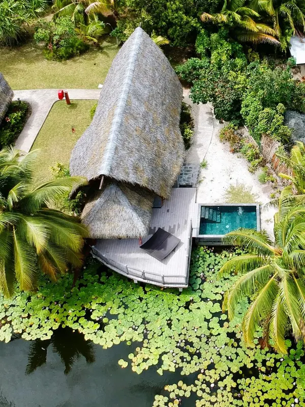 Vue aérienne d'un bungalow sur pilotis avec piscine privée et végétation luxuriante.