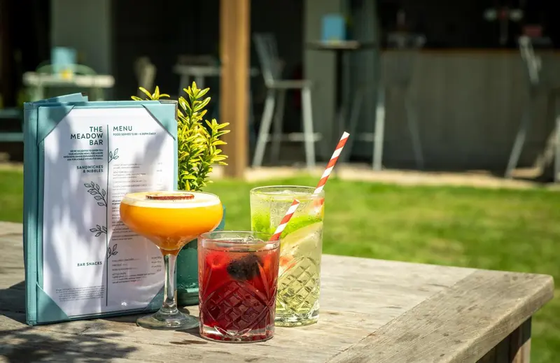Deux cocktails colorés et un menu sur une table en bois.