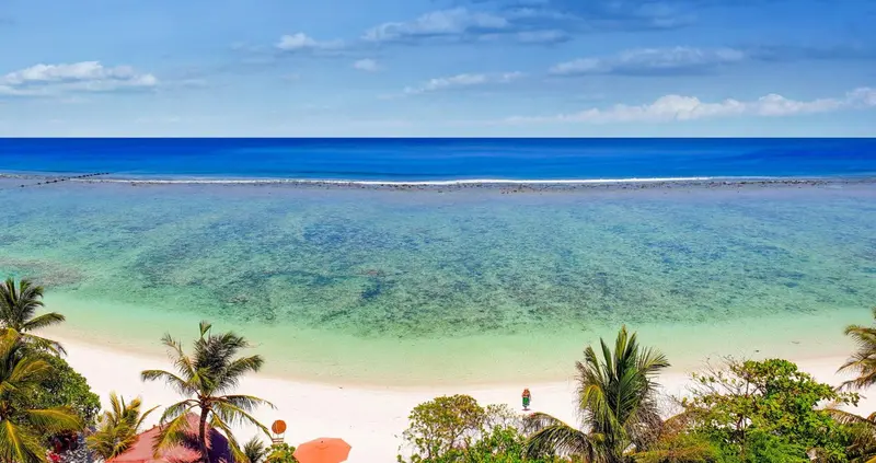 Vue aérienne d'une plage de sable blanc bordée de palmiers et d'une eau turquoise peu profonde.