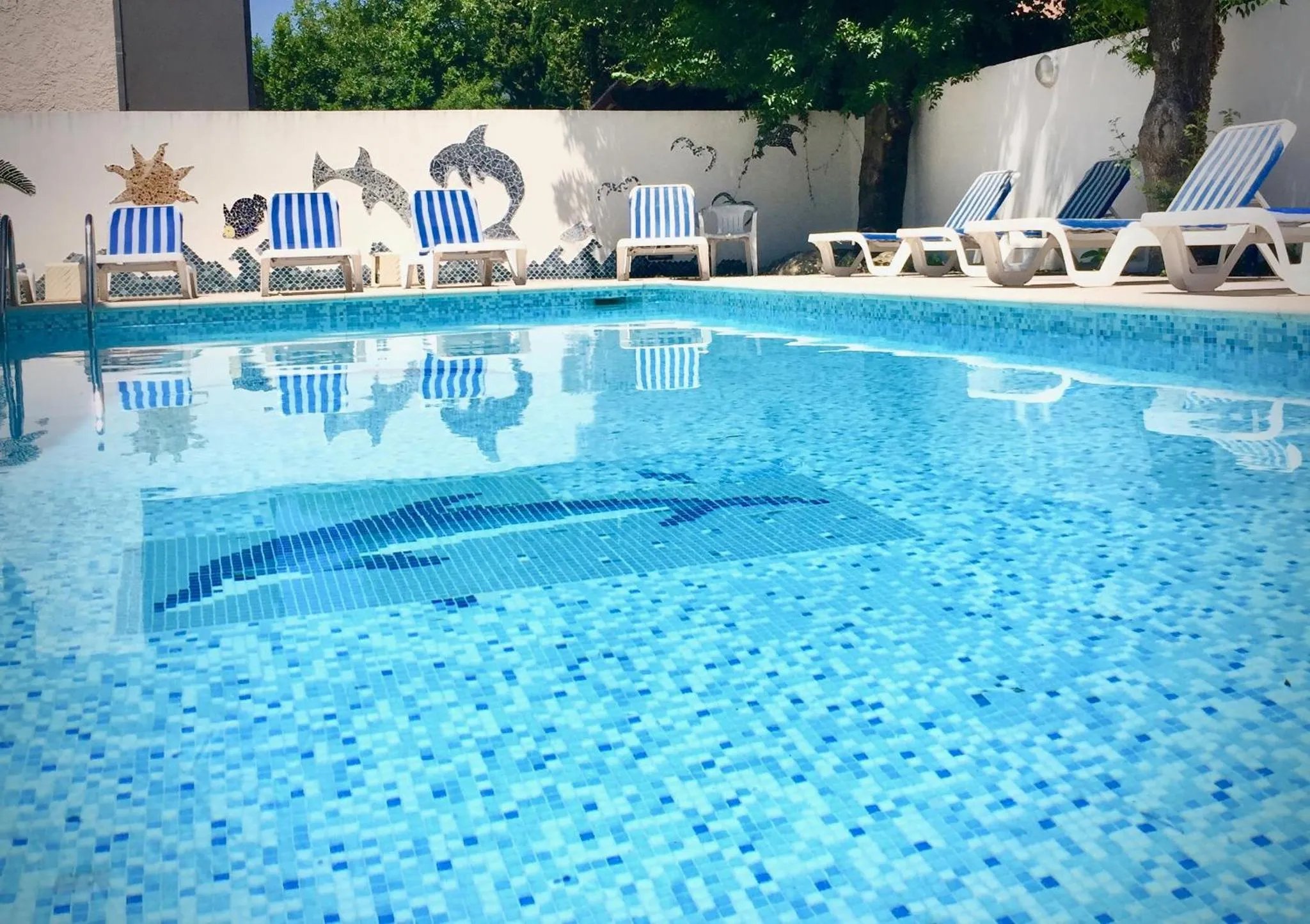 Transats bleus et blancs alignés au bord d'une piscine carrelée.