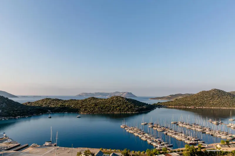 Vue aérienne d'une baie abritée avec des bateaux à quai et des collines verdoyantes.