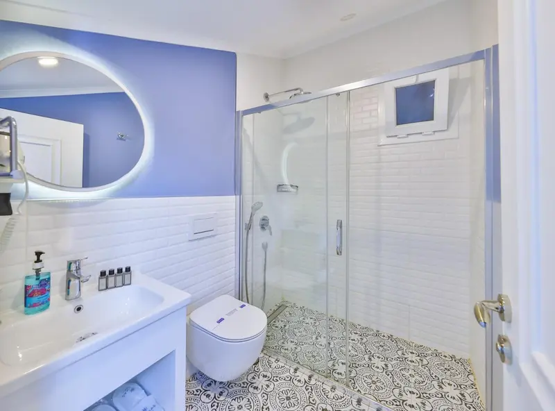 Une salle de bain moderne avec douche à l'italienne et carrelage décoratif.