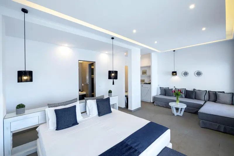 Une chambre lumineuse avec un lit et un coin salon.