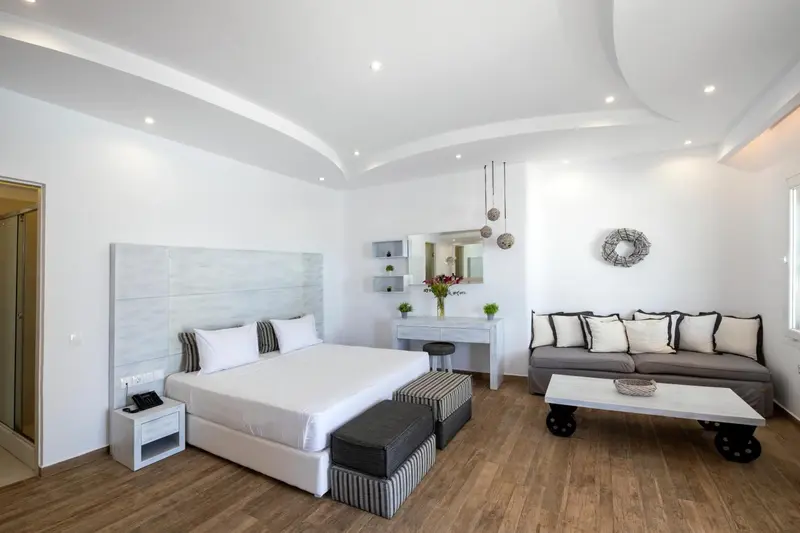 Une chambre lumineuse avec un grand lit et un coin salon.