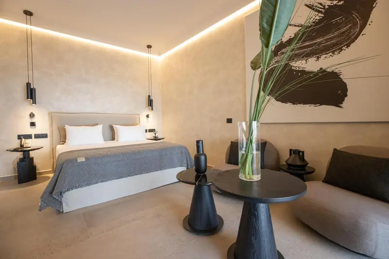 Une chambre moderne avec un grand lit et un coin salon.