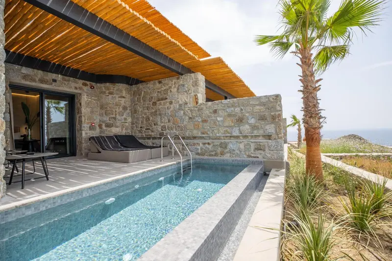 Terrasse avec piscine et mobilier de détente.