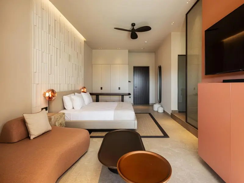 Une chambre moderne avec un canapé et un grand lit.