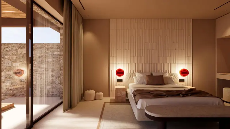 Une chambre moderne avec un grand lit et une salle de bain attenante.