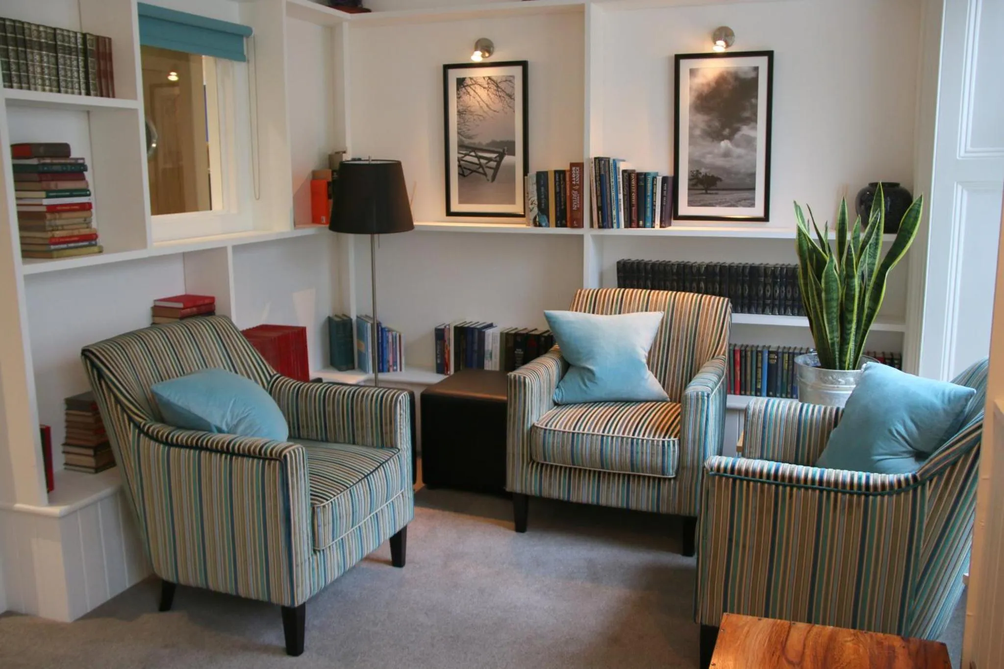 Espace de détente avec deux fauteuils et une bibliothèque.