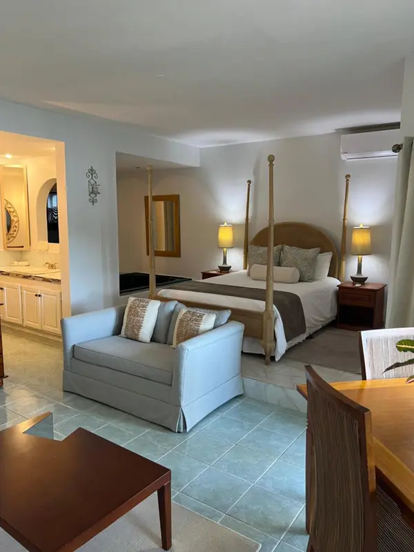 Une chambre lumineuse avec un lit à baldaquin et un coin salon.
