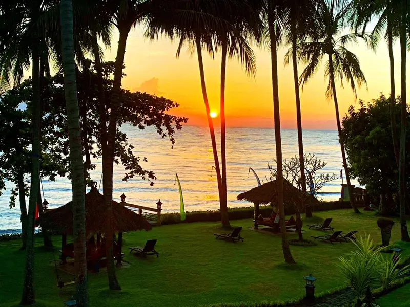 Coucher de soleil sur l'océan vu à travers des palmiers, avec des chaises longues sur une pelouse.