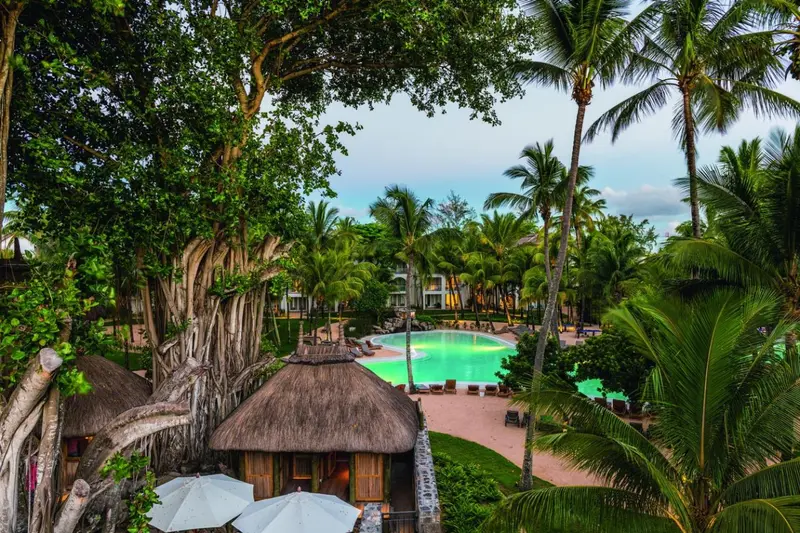 Vue aérienne sur une piscine bordée de chaises longues au milieu d'une végétation luxuriante.