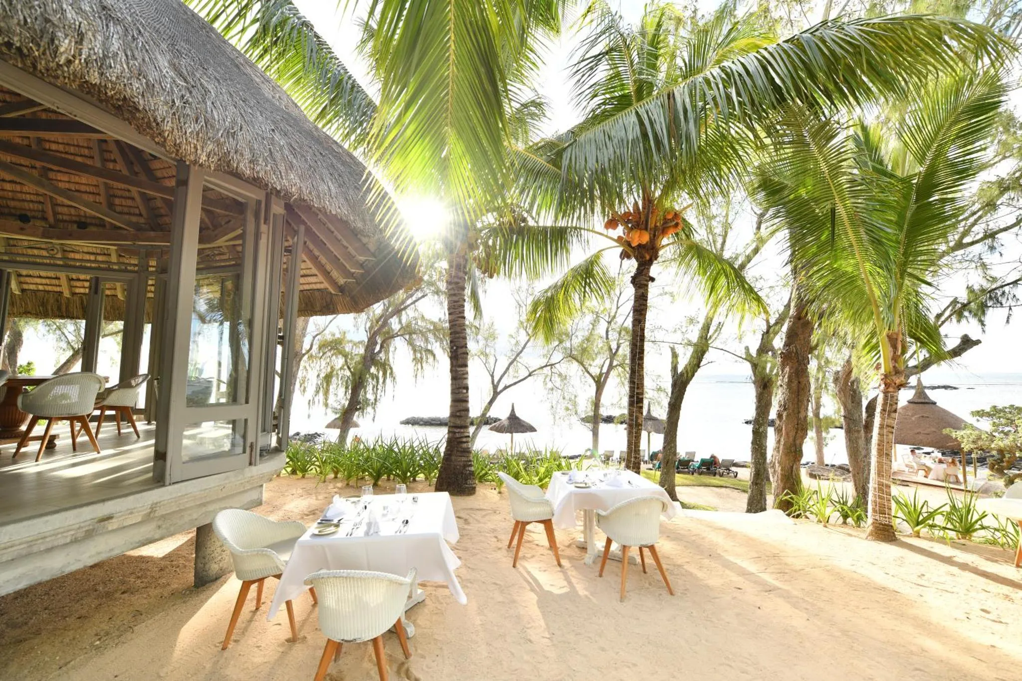 Tables dressées sur une terrasse en bord de mer, ombragées par des palmiers.