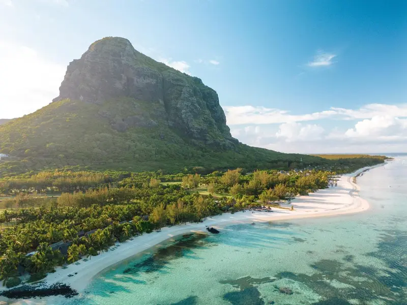 Vue aérienne d'une montagne verdoyante surplombant une plage de sable blanc et une mer turquoise.