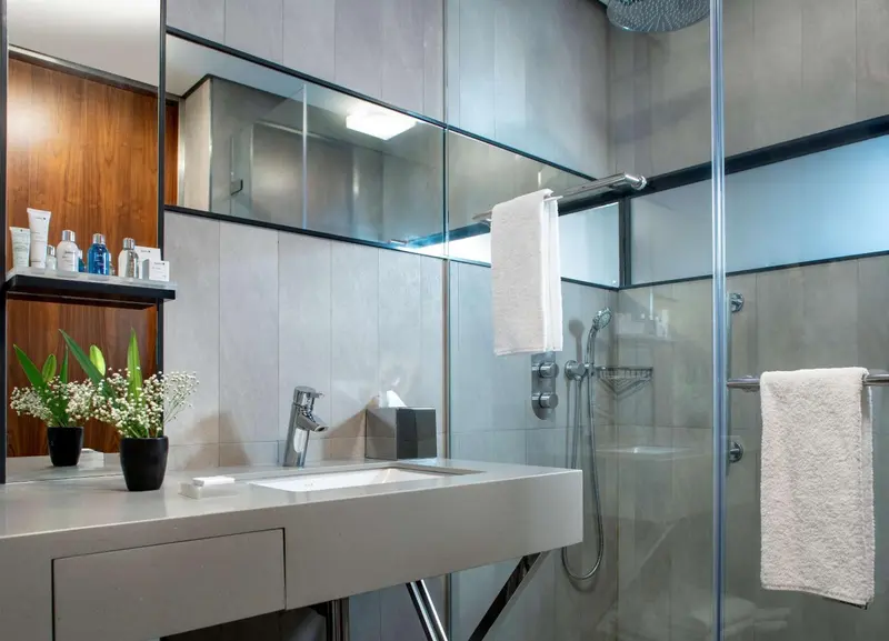 Une salle de bain moderne avec douche à l'italienne et vasque.