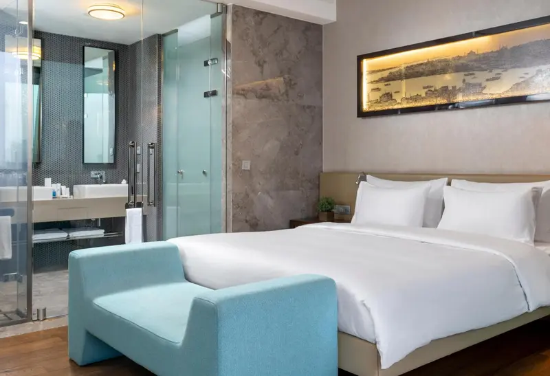 Une chambre moderne avec un grand lit et une douche à l'italienne.