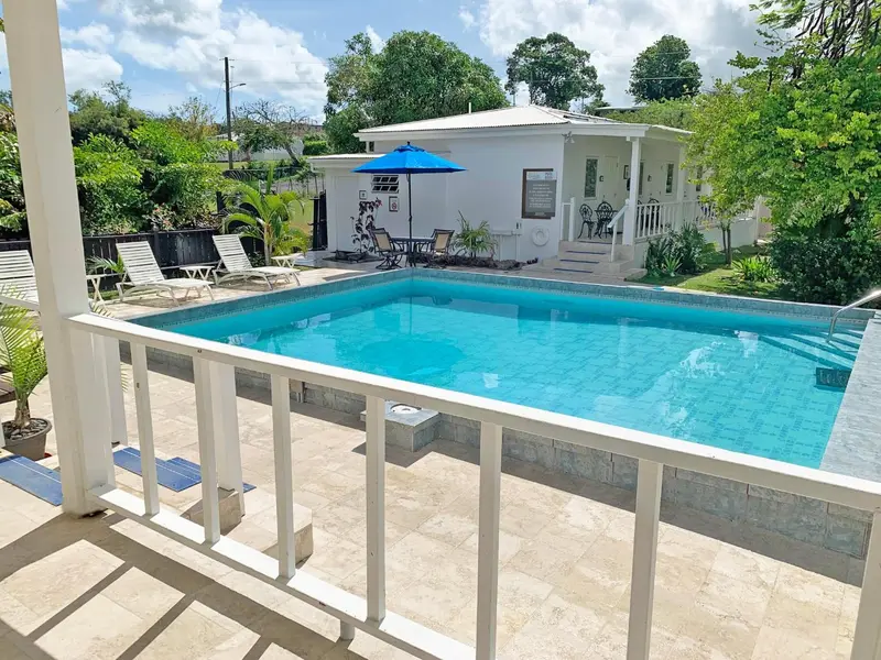 Une piscine turquoise bordée de chaises longues et de végétation tropicale.