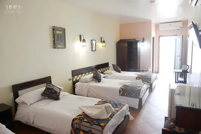 Une chambre lumineuse avec deux lits simples décorés de coussins colorés.
