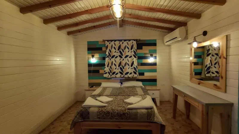 Une chambre lumineuse avec un lit double et un mur décoratif.