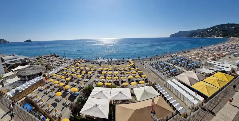 Vue aérienne d'une plage ensoleillée avec des transats et des parasols.