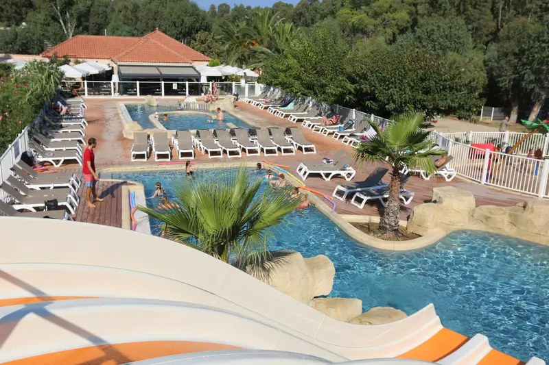 Vue aérienne d'une piscine avec des transats et des palmiers.