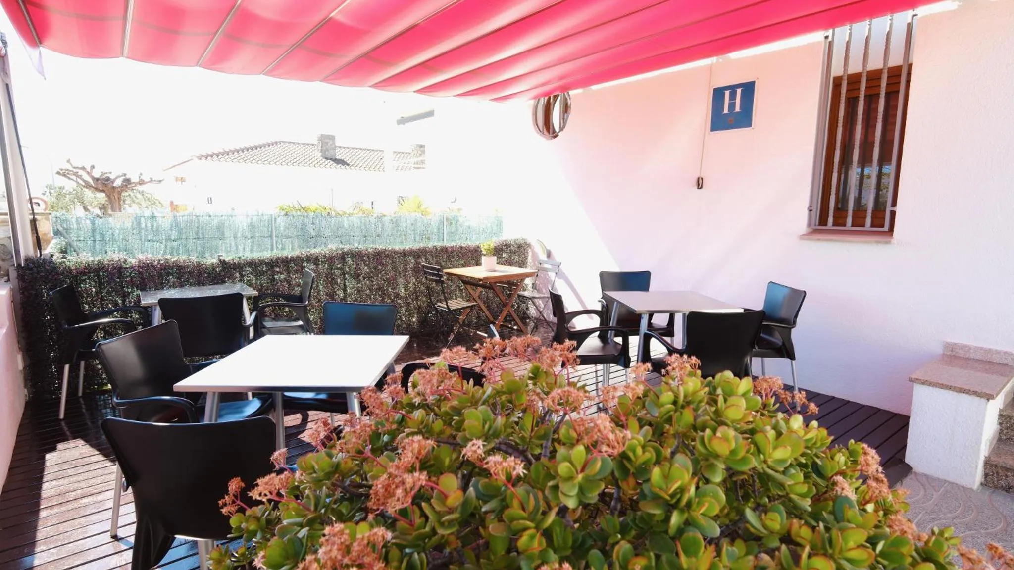 Terrasse ombragée avec tables et chaises près d'un bâtiment.