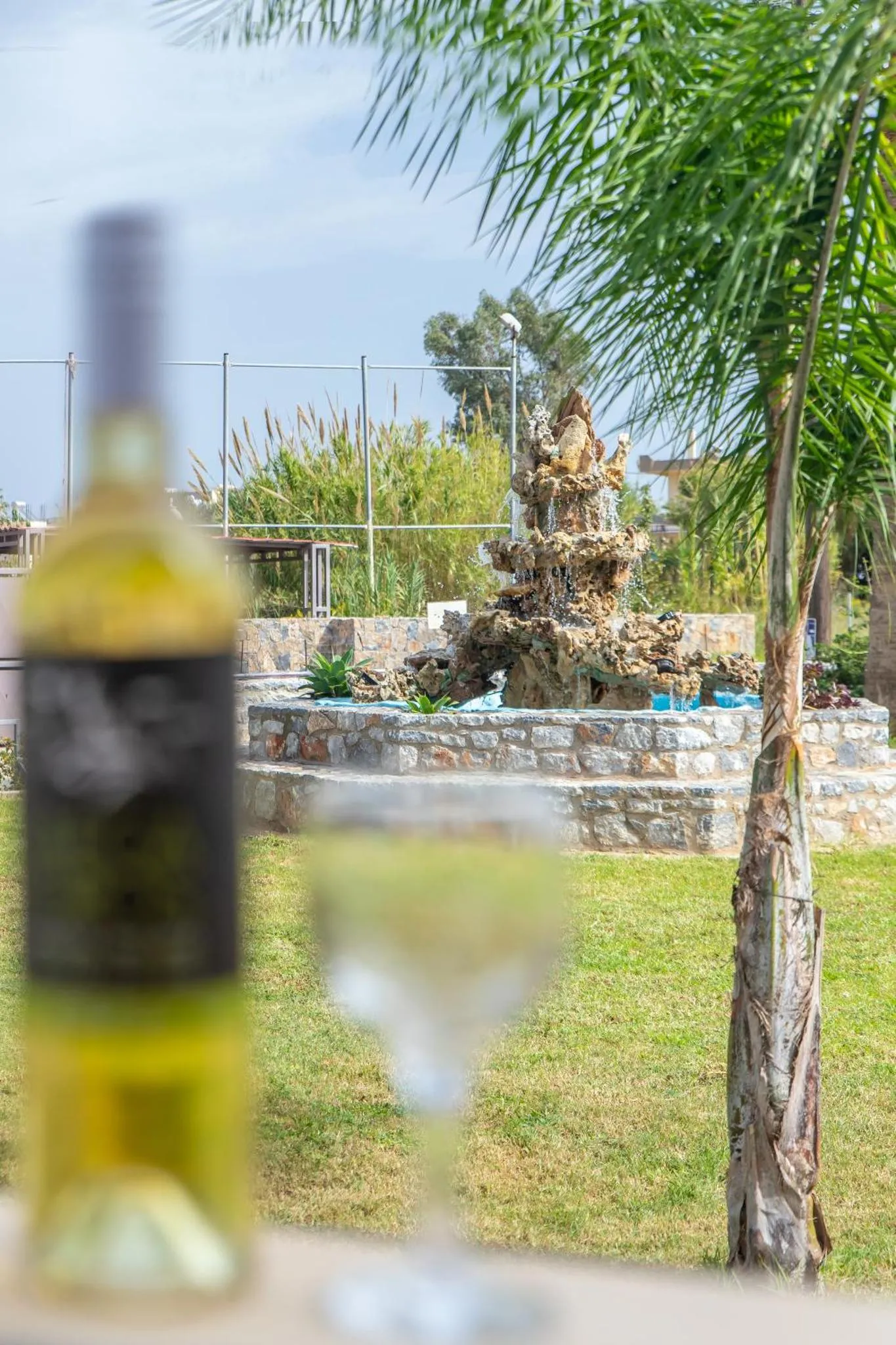 Une bouteille de vin et un verre sur une pelouse verte, avec une fontaine en arrière-plan.