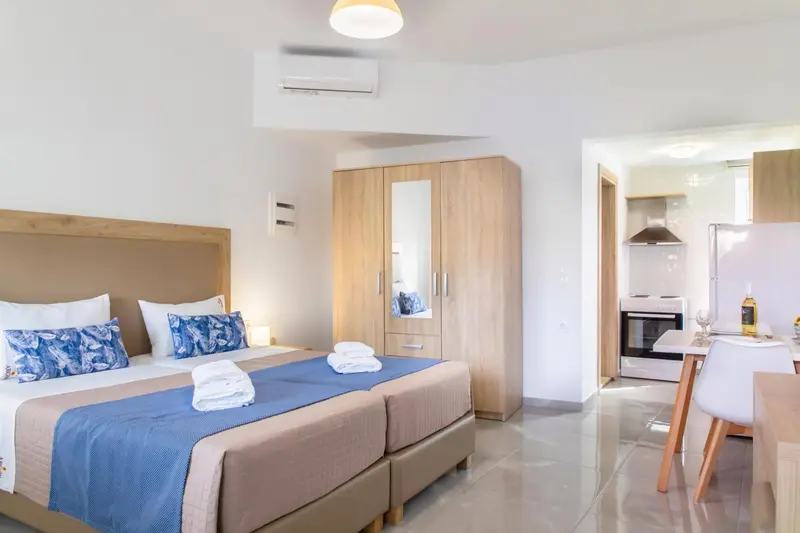 Chambre lumineuse avec un grand lit et un coin cuisine.