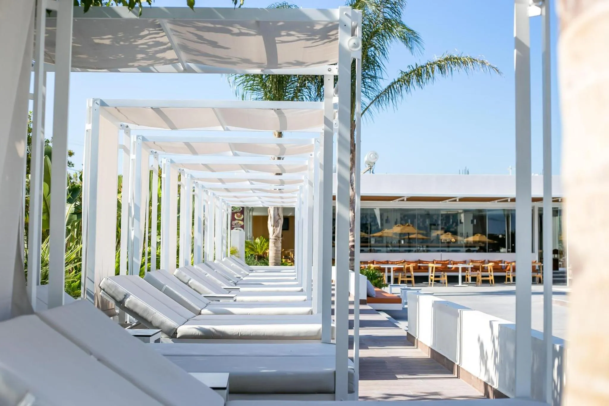 Transats blancs alignés sous une pergola ombragée, avec végétation tropicale en arrière-plan.