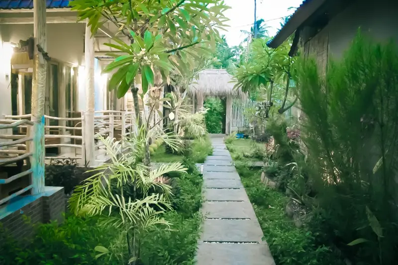 Allée piétonne bordée de végétation tropicale menant à des bâtiments.