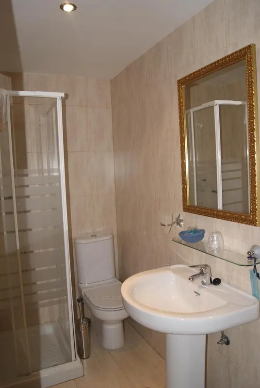 Une salle de bain claire avec douche, lavabo et toilettes.