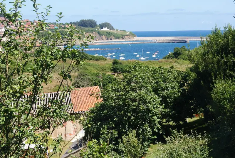 Vue d'une côte rocheuse avec des bâtiments et des embarcations dans une baie.