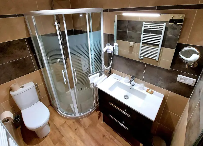 Une salle de bain moderne avec douche à l'italienne et carrelage décoratif.