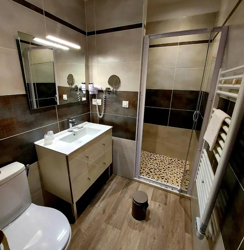 Une salle de bain moderne avec douche à l'italienne et lavabo.
