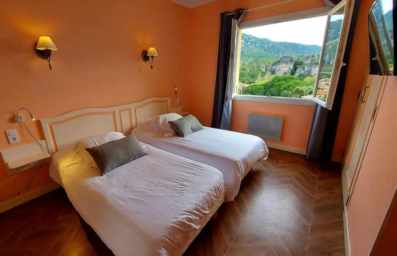 Chambre lumineuse avec lits jumeaux et vue sur un paysage montagneux.